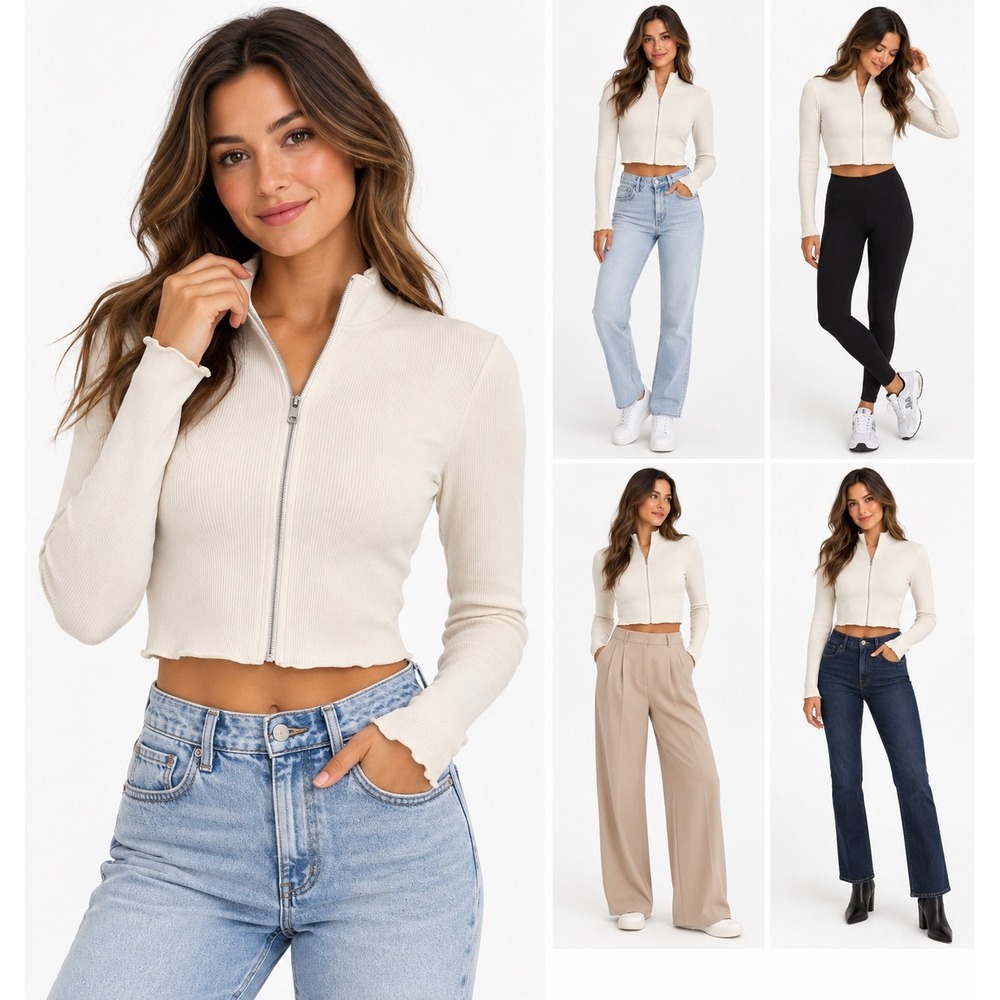 Love Poem Jacket Womens M/L Ivory Cropped Full Zip Mock Neck Ribbed Zip Up Top